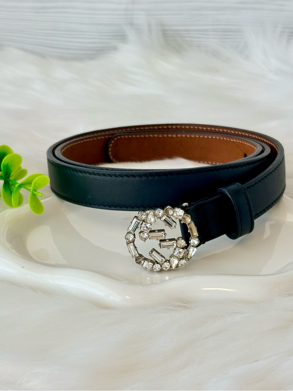 Gucci Black Leather Interlocking Crystal GG Skinny Belt - Picture 3 of 14